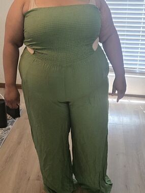Strapless Olive Green Cutout Wide-Leg Jumpsuit